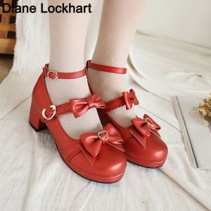 Skor Spring Lolita Shoes Bow Tie Mary Janes Shoes Girls School Student Casual Pumps Woman Platform High Heels Cosplay Zapatos Mujer