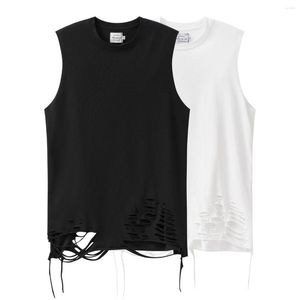 Men's Tank Tops Ripped Hole Hem Sleeveless Vest Summer Fashion Solid Color O-neck Simple Casual Streetwear White Tees Loose Pullovers