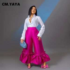 yaya feminino elegante babados hem cintura alta solta perna larga flare calças 2022 verão rosa vermelho preto ins calças