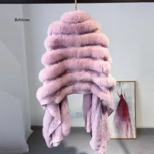 Instruments Autumn Winter Women White Faux Fox Fur Poncho Knitted Cape Coat Purple Batwing Sleeve Big Collar Cloak Shawl