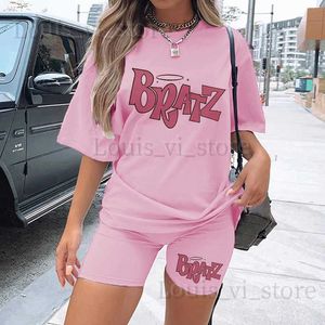 Kvinnors tvåbitar byxor Spring Summer Jogging 2-stycken Set Women Outfit Short Sleeve Running Sports Cute Bratz Print T-shirts and Shorts Set för Female T240228