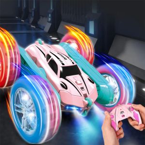 Bilar Cool Remote Control Car Children's RC Stunt Car Light Wheel Rocker Arm Double Sided Flip Transformer 2.4 g dubbelsidig bilgåva