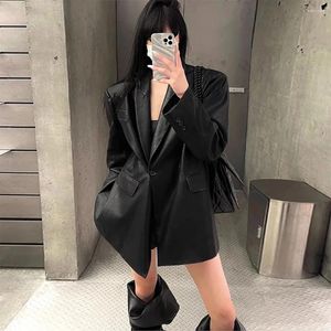 Women's Leather Elegant Lady Faux Jacket Fashion Women Korean Chic Black Blazers Coats Vintage Single Buckle PU Outerwear