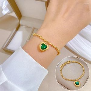 Charm Bracelets Vintage 3D Green Heart Crystals Charming For Women Girls Fashion Stainless Steel Beads Chain Accessories Jewelry Gifts