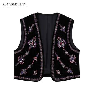 Keyanketian Autumn Womens Sequined Floral Embroidery Velvet Waistcoat Vest National Vintage Soft Touch Sleeveless Crop Top 240228