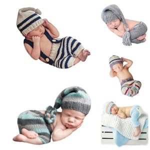 Zestawy niemowlęta chłopca dziewczyna sesje zdjęciowe dzianinowy kapelusz+spodnie stroje kostium noworodka fotografia szydełka
