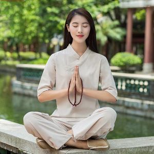 Aktif setler yaz kadın yoga seti kısa kollu keten meditasyon Çin boks kılıç kllothes egzersiz uygulama gömlek uzun pantolon 2xl