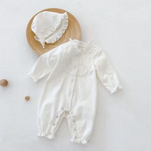 Ceketler Bahar Sonbahar Bebek Kız Kız Kıyafet Romper Uzun Kollu Düz Renk Fırfır Prenses Toddler Bebek Giysileri Şapka