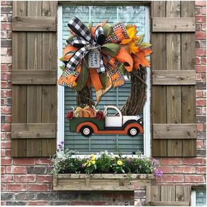 Decorative Flowers Wreaths Pumpkin Truck Wreath Fall For Front Door Farm Fresh Sign Autumn Decoration Halloween Stolen Doorplate D Dhu2G