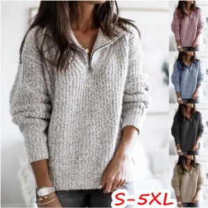 Pullovers Women's 2023 Autumn/Winter Zipper Pullover Fashion Long Sleeve Knitted Sweater Coat Plus Size Solid Polo Comfortable Top