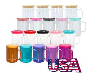 USA warehouse 17oz glass sublimation tumbler with handle frosted clear beer mug tumbler with plastic colored lids bamboo lids 25pcs/case