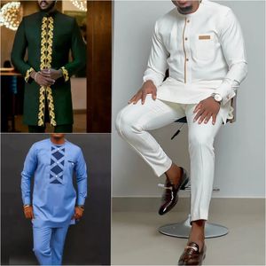 KAFTAN SOMMER MENS SUT RUND NECK Långärmad toppbyxor Afrikansk manlig traditionell outfit National Style 2st Clothing Set 240223