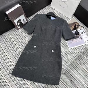 24SS Spring Designer Casual Dresses For Women New Short Sleeved A-Line Hem Dress Rhinestone Button Pocket Embellishments