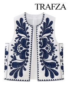Women's Vests TRAFZA Fashion Chic Loose Outerwear Vsets Woman Floral Embroidered Vest Top Summer Casual Vintage Y2k Cardigan Waistcoat