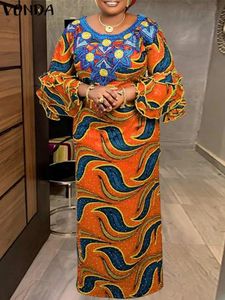 Plus size vonda maxi vestido feminino vintage boêmio floral impresso vestidos babados 34 manga longa vestido de verão casual plissado robe 240220