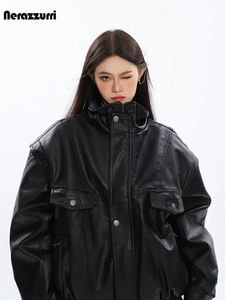 Nerazzurri Spring Autumn Oversized Cool Windproof Thick Black Pu Leather Jacket Women Zip Up Luxury Designer Unisex Clothes 240222