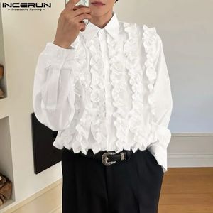 Fashion Men Shirt Solid Color Pleated Ruffle Lapel Long Sleeve Men Clothing Elegant Streetwear Party Shirts S-5XL INCERUN240228