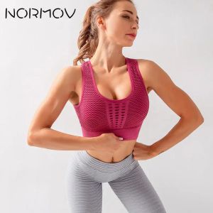 Uppsättningar/kostymer Normov sömlös yoga Bra fiess Push Up Crop Top Femme Sportwear Workout Solid Color Sports Wear for Women Gym Hollowing