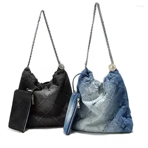 イブニングバッグ2024キャンバスデニムブルー女性トートカジュアル大容量肩の女性シンプルなデザインハンドバッグ編られた財布