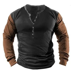 Vintage Mens Tshirt Cotton Tee Patchwork Graphic T Shirts 3D Printed Long Sleeve Tees Henley Shirt Oversized Men Clothing Tops 240219