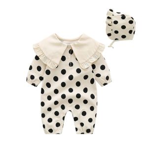 Jackets Polka Dot Newborn Baby Girl Rompers Long Sleeve Autumn Princess Infant Onesie Clothes Girls Jumpsuit + Hats