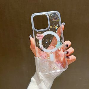 S24 iPhone 15 Plus 14 Pro Max 13 12 Samsung S23 Ultra Shinny Hard Acrylic PC TPU Bling Glinter Sequin Sequin Moon Earth Magnet電話カバーの磁気ワイヤレス充電ケース