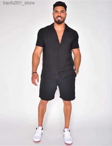 Tute da uomo 2017 vendita calda hawaiano mens estate moda casual set colletto solido cotone lino pantaloncini a maniche corte set Q240228