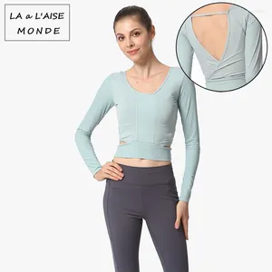 Yoga Outfits Style Back Cross Deep V Side Openwork Clothes T-Shirt Casual Sports Wear Fitness Suit Long-Sleeved Backless Crop Top