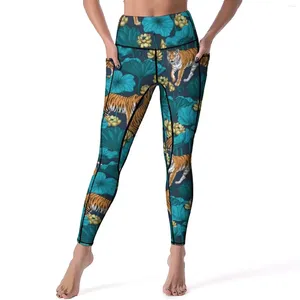 Pantaloni attivi Tigre gialla Yoga Stampa foglia di loto Stagno Leggings da palestra Vita alta Elastico Sport Legging personalizzato retrò Regalo