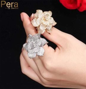 Pera Luxury Big Statement Leaf Cluster Shape for Women Wedding Cubic Zirconia Dubai Gold Bridal Finger Rings Jewelry Gift R091 2201706666