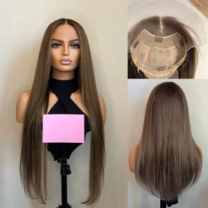 Brazilian Virgin Hair Brown Silky Straight Wig Dark Brown Roots Human Hair Full Lace Front Wigs HD Swiss Lace 13x4 Synthetic Lace Frontal Wig 180%