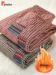 Vintage Patchwork Plaid Quild Carded Spodnie swobodne zagęszczenie bawełniane pantelony haremowe wysokie talia ciepłe matki spodnie zimowe spodnie 240223