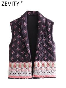 Kamizelki Zevity 2023 Kobiety w stylu vintage kwiatowy druk patchworkowy luźne pikowana kamizelka kamizelka żeńska bez rękawów Kimono Tops CT5422