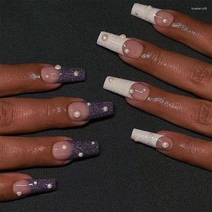 Falsas unhas 24 pcs francês falso com pérola design branco roxo borda completa imprensa em quadrado super longo dicas de arte de unhas