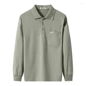 Polos masculinos de manga comprida camiseta polo de algodão puro meia idade primavera e outono solto casual bolso all-match masculino topo