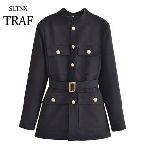 Jackor Sltnx Traf Woman Fashion Blazers Elegant Stylish Suits Luxury Leisure Women's Jacket Women Big Pocket With Belt Casual Suit Coat