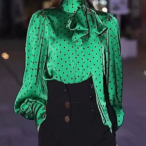 Fashion Scarf Collar Lace Up Bow Polka Dot Blouses Women Clothing Autumn Winter Office Lady Tops Lantern Sleeve Shirts 240219