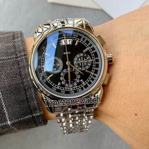 Tanio nowe super skomplikowane 5270 Big Date Black Dial Japan Quartz Chronograph Faza Faza Męska Zegarek ze stali nierdzewnej Bransoletka TIMEZ216W