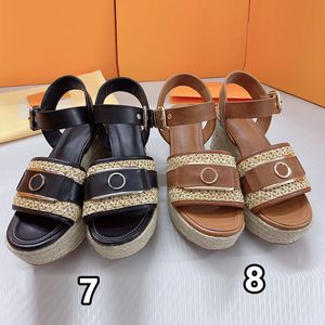 Helios Wedge Sandal Women Heels Sandals Summer Shumer Denim Braided Rope Sole 플랫폼 디자이너 신발 최고 품질의 패션 레터 인쇄 캔버스 가죽