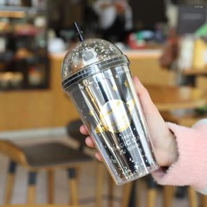 Water Bottles 500ML Plastic Cups Coffee Mug Bottle Starry Sky Double Wall Straw Cup With Dome Lid Travel For Kids Gift