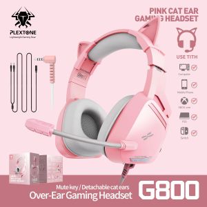 Headphones Plextone G800 Pink Cute Gaming Headphone With Mic Cat Ear Stereo Bass Wired Headset Microphone For Girls PUBG Gamer Computer PC