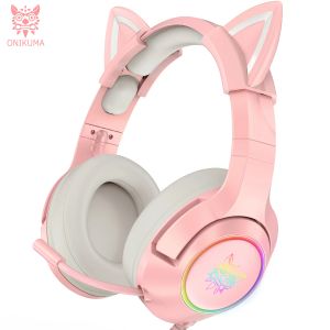 Kopfhörer/Headset Gaming Headset mit Mikrofon, Demon Cute Cat Ear Noise Reduction Kopfhörer Pink/Schwarz/Blau 7.1 für PC Switch Ps4 New Xbox