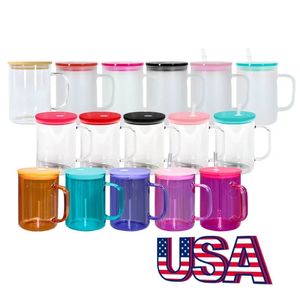 US SHIP 17oz sublimation glass mug clear frosted glasses tumbler with colored lid glass coffee mug jelly mason jar libby can cooler cola beer food cans 25pcs/case