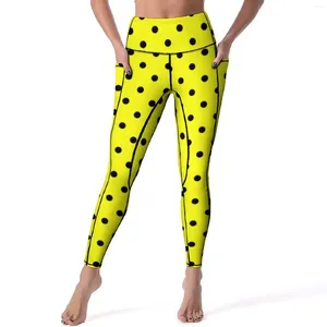 Active Pants Yellow Polka Dot Leggings Pockets Black Spots Print Printed Yoga High midje Fitness Gym Legging Vintage