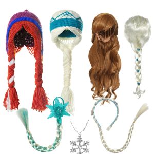 Uppsättningar Vogueon New Elsa Anna Accessories for Baby Girls Fancy Wigs Crochet Hats Princess Halsband Pannband flätor Barnfest gåvor
