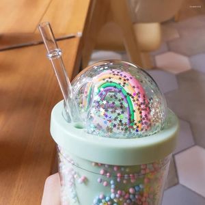 Tumblers Reusable Plastic Cups Rainbow Decor 2-Layer 550ml For Water Smoothie Coffee