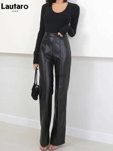 Jeans femininos Lautaro primavera outono longo preto macio pu calças de couro mulheres com zíper cintura alta casual elegante calças de perna reta 2022