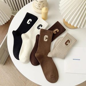 Women Socks Solid Color For Autumn Winter Mid-tube C Letter Embroidered Stockings Japanese Pile Cotton Girls