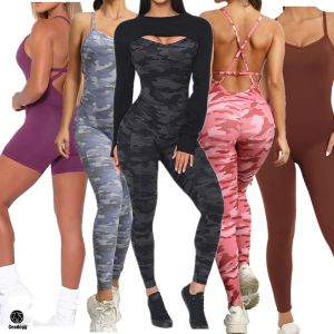 Equipamento 2023 almofada sem costas conjunto de yoga bodysuit corpo treinamento fiess camo um pedaço macacão dança manga longa colheita topos feminino yoga terno