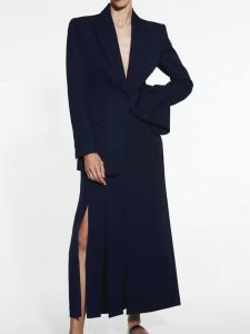 スーツTraf Za Women Two Piece Skirt Suits Blazer Navy Blue Jacketsing Singleボタンスプリットスカートセットオフィスビジネス女性スーツ服